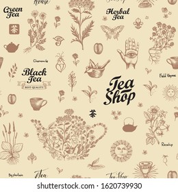 Vector seamless pattern with hand-drawn herbs, kitchen items and inscriptions. Abstract background on tea theme in retro style. Suitable for wallpaper, wrapping paper, fabric. Chinese hieroglyph Tea