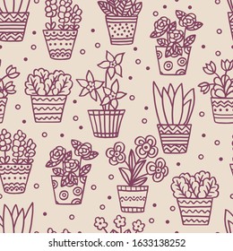 Vector seamless pattern with hand-drawn indoor plants and flowers, brown outline on a beige background, for packaging design, covers, postcard design, textile print