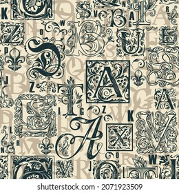 Vector seamless pattern with hand-drawn initial and capital letters on an old paper backdrop. Vintage background with ornate alphabet letters. Suitable for wallpaper, wrapping paper or fabric design