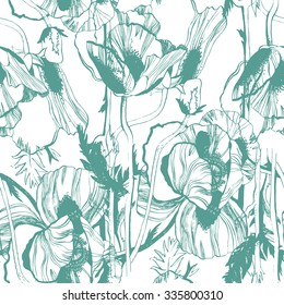 Vector seamless pattern with hand-drawn ink Poppy flowers