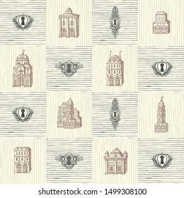 Vector seamless pattern with hand-drawn keyholes and old buildings in retro style. Repeatable background with old style houses facades. Suitable for wallpaper, wrapping paper, textile, fabric