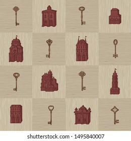 Vector seamless pattern with hand-drawn keys and old buildings in retro style. Repeatable background with old style houses facades. Suitable for wallpaper, wrapping paper, textile, fabric