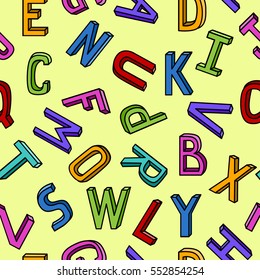 vector seamless pattern with hand-drawn latin letters. Colored typographic signs on light yellow color. Funny background for kids accessories