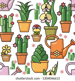 Vector seamless pattern of hand-drawn line art houseplants in ceramic pots and garden watering can on white. Flowers for interior and garden backgrounds, floral design. Orchid, cactus, succulent.