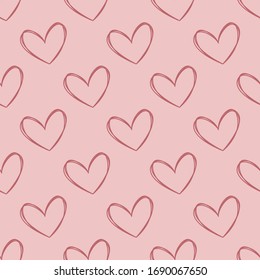 Vector seamless pattern of hand-drawn lines hearts on a pink background. Holiday Gift Wrapping,