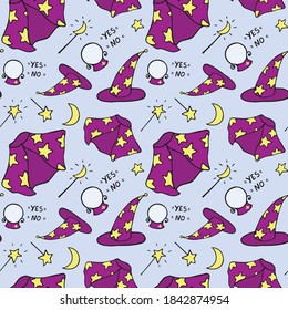 vector seamless pattern with hand-drawn magic elements in cartoon style. can be used as Wallpaper, print for clothing, notebooks, fabric, textiles. Stargazer's hat and mantle, magic wand, fortune ball