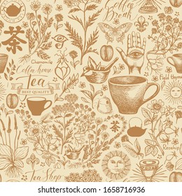 Vector seamless pattern with hand-drawn medicinal herbs. Abstract background on the theme of tea with sketches in retro style. Chinese character tea. Suitable for Wallpaper, wrapping paper, fabric.