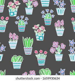 Vector seamless pattern with hand-drawn multi-colored potted flowers on a dark gray background, for design of covers, books, packaging, print on wallpaper, textiles