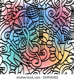 Vector seamless pattern with hand-drawn musical instruments on blurred bright background