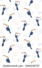 Vector seamless pattern with hand-drawn pensil illustration of toucans on white background. Summer print, paper or textile design.