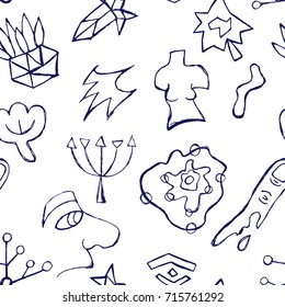 Vector seamless pattern with hand-drawn pictures in postmodernism style. Background for printing brochure, poster, textile design, wear. Modern trendy graphic print for hipsters. 