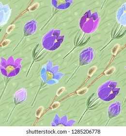 Vector seamless pattern with hand-drawn pink, white, purple and blue pulsatilla and Pussy willow on green background.