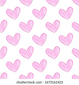 Vector seamless pattern of hand-drawn pink sloppy painted hearts with several pink lines on a white background. Holiday Gift Wrapping