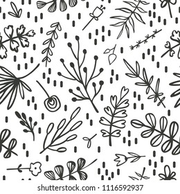 Vector seamless pattern with hand-drawn plants. Floral ornament. Black and white Illustration for wallpaper, wrapping paper, textile, surface design