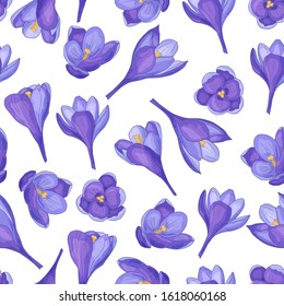 Vector seamless pattern with hand-drawn purple crocuses on a white background, for the design of covers, packaging, print on textiles, fabric