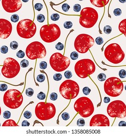 Vector seamless pattern with hand-drawn realistic blueberry, like paints, cherries, juicy colors, appetizing, fresh, tasty,distinct over the background of light color.Summer wildlife berries delicacy