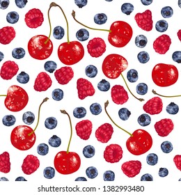 Vector seamless pattern with hand-drawn realistic raspberry, cherry, blaeberry, like paints, juicy colors, appetizing, fresh, tasty, distinct over background of white. Summer wildlife berries tasty