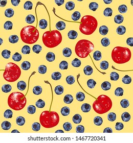 Vector seamless pattern with hand-drawn realistic blueberry, like paints, cherries, juicy colors, appetizing, fresh, tasty, distinct over the background of yellow color. Summer wild berries delicacy