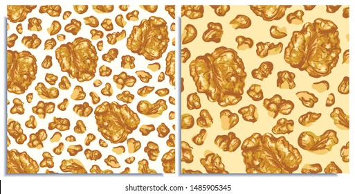 Vector seamless pattern with hand-drawn realistic walnuts, like paints, juicy colors,looks appetizing , fresh, tasty, nut half, pieces of nut, natural colors. Summer wild nuts ripe, scattered, tasty