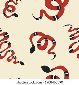 Vector seamless pattern, hand-drawn red snakes on beige background. 
