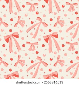 Vector seamless pattern with hand-drawn red and pink bows, beads, ribbons and stars.