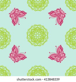 vector seamless pattern of hand-drawn scrollwork, butterfly, mandala.