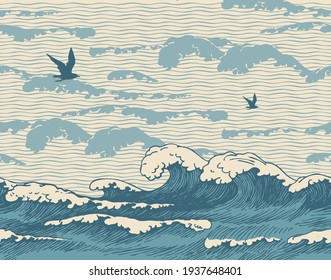 Vector seamless pattern with hand-drawn seascape in retro style with blue waves, seagulls and clouds in the sky. Repeating illustration of the sea or ocean, water waves on the old paper background