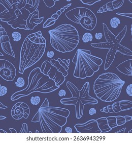 Vetor padrão sem emenda com conchas desenhadas à mão e estrela-do-mar em estilo lineart elegante no fundo azul profundo para embalagem, têxteis, marca marinha, decoração de verão clássico, etc.