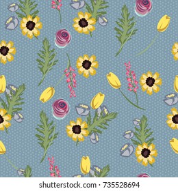 Vector seamless pattern with hand-drawn simple flowers on blue background. Flower textile background with different flowers.