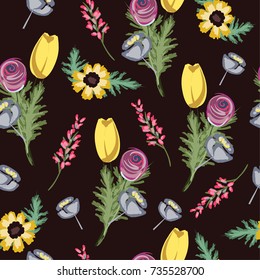 Vector seamless pattern with hand-drawn simple flowers on dark-brown background. Textile background with cute bouquet.