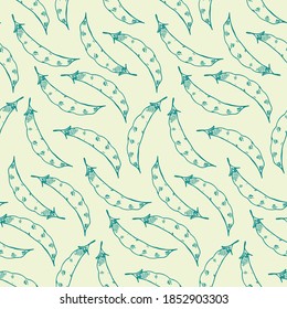 vector seamless pattern with hand-drawn sketches of pea or bean pods. it can be used as Wallpaper, print for clothes, notebooks, fabrics, textiles, packaging paper, kitchen accessories.