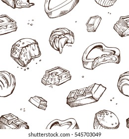 Vector seamless pattern of hand-drawn sketches bitten chocolates. Sweet rolls, bars, glazed, cocoa beans. Isolated objects on a white background
