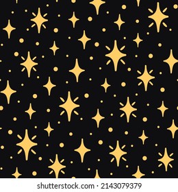 Vector seamless pattern with hand-drawn stars on black background. Night sky art texture. Modern illustration print. Simple doodle for any surface design.