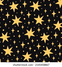 Vector seamless pattern with hand-drawn stars on black background. Night sky art texture. Modern illustration print. Simple doodle for any surface design.