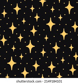 Vector seamless pattern with hand-drawn stars on black background. Night sky art texture. Modern illustration print. Simple doodle for any surface design.