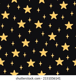 Vector seamless pattern with hand-drawn stars on black background. Night sky art texture. Modern illustration print. Simple doodle for any surface design.