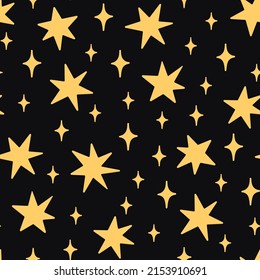Vector seamless pattern with hand-drawn stars on black background. Night sky art texture. Modern illustration print. Simple doodle for any surface design.