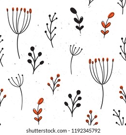 Vector seamless pattern in hand-drawn style. Autumn plants. Warm colour.
