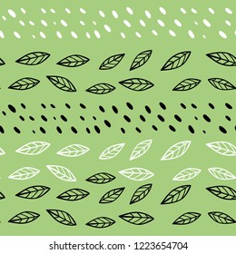 Vector seamless pattern in hand-drawn style. Leaves, dots. Background for vegetarian menu.