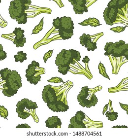 Vector seamless pattern in hand-drawn style. Food illustration. Broccoli green design isolated on the white background.