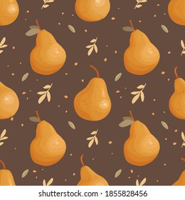Vector seamless pattern in a hand-drawn style. Juicy pears with texture, abstract dots, leaves, and twigs. Ornament from plants and fruits on a dark background. Design for textiles, nature artwork