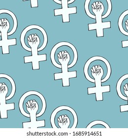 vector seamless pattern with a hand-drawn symbol of feminism, venus mirror and fist sign. can be used as Wallpaper, background, print, textile design, notebooks, phone cases, packaging paper.