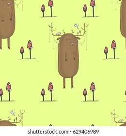 Vector seamless pattern with hand-drawn toadstool mushrooms and deers.