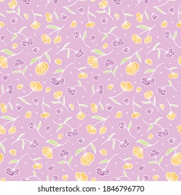 vector seamless pattern with hand-drawn tulips and roses isolated on pink background. can be used as Wallpaper, print for clothing, notebooks, fabric, textiles, packaging paper design. cute flowers