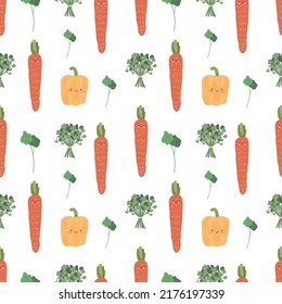 Vector seamless pattern with hand-drawn vegetables. Trendy collection for print design. Healthy food set. Green natural background.