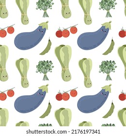 Vector seamless pattern with hand-drawn vegetables. Trendy collection for print design. Healthy food set. Green natural background.