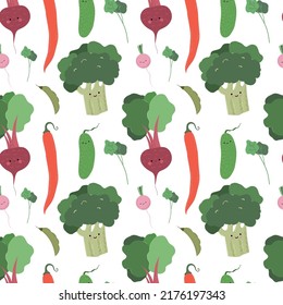 Vector seamless pattern with hand-drawn vegetables. Trendy collection for print design. Healthy food set. Green natural background.