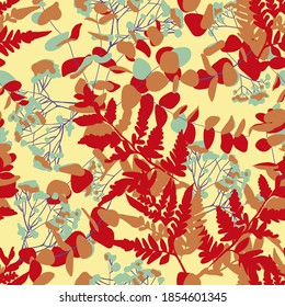 Vector seamless pattern with hand-drawn vegetation. Fern leaves, dense grass and flowers. Contrasting shadows and highlights on vegetation.