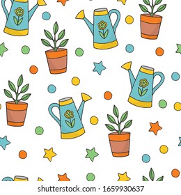 Vector seamless pattern with hand-drawn watering cans and a houseplant on a white background, for the design of covers, packages, and prints on textiles