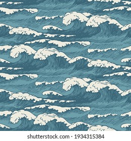 Vector seamless pattern with hand-drawn waves in retro style. Decorative repeating illustration of the sea or ocean, blue storm waves with breakers of seafoam